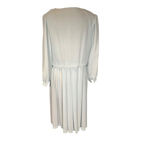 Vintage Light Blue Midi Dress Long Sleeve Elegant Open Lace Collar Shoulder Pads - Picture 4 of 12